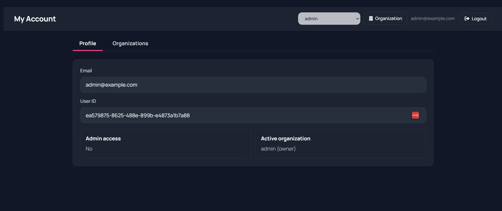 Account profile and active org summary