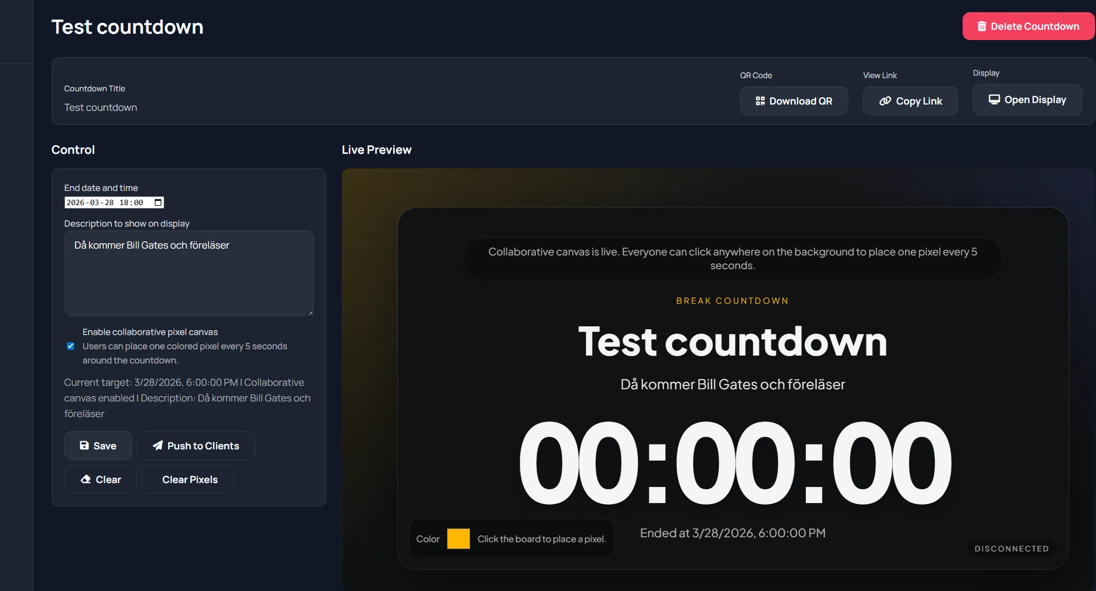 Break countdown admin page