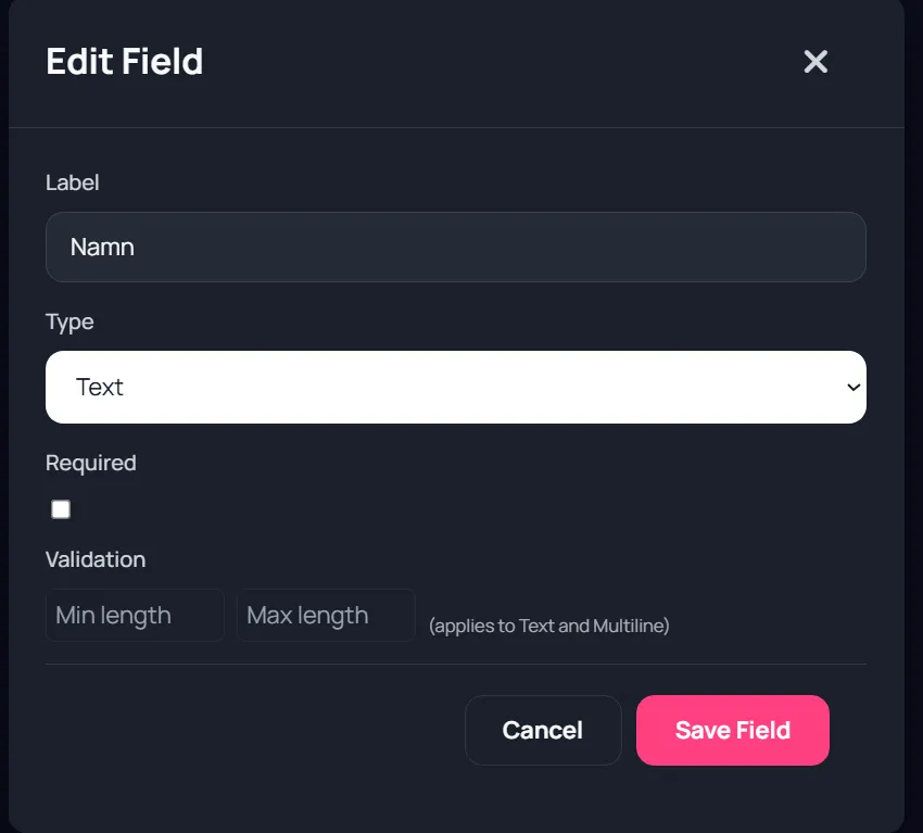 Forms edit field dialog