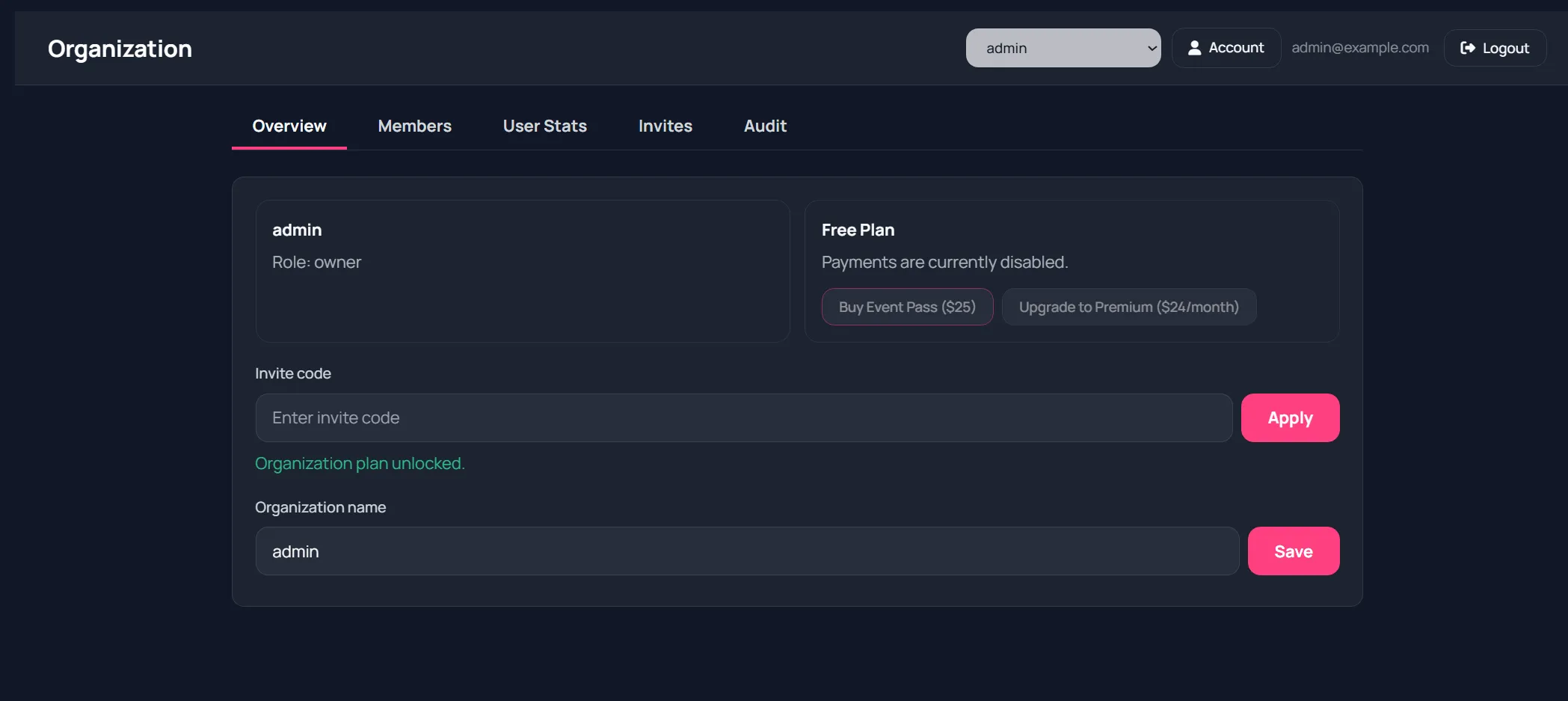 Organization overview page