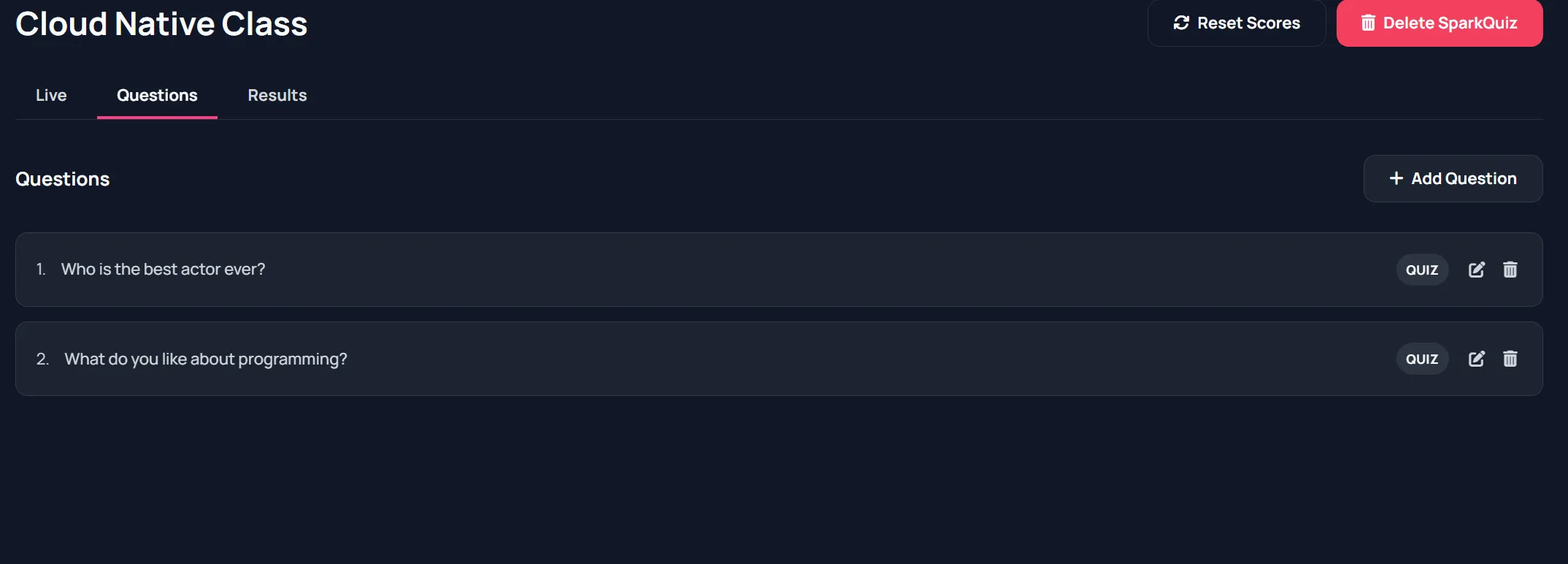 SparkQuiz question list