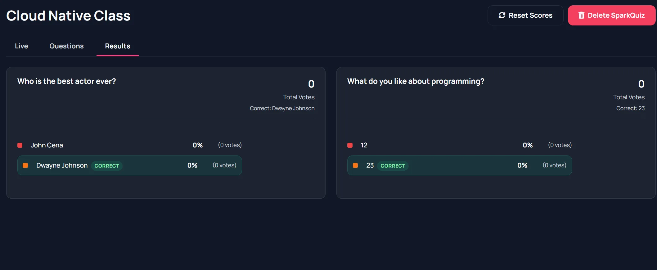 SparkQuiz admin results