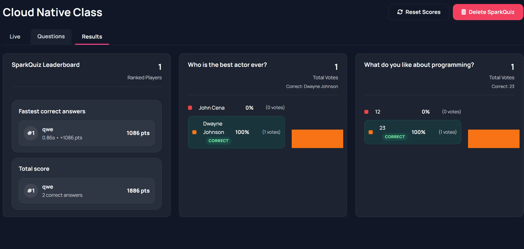 SparkQuiz final results after done