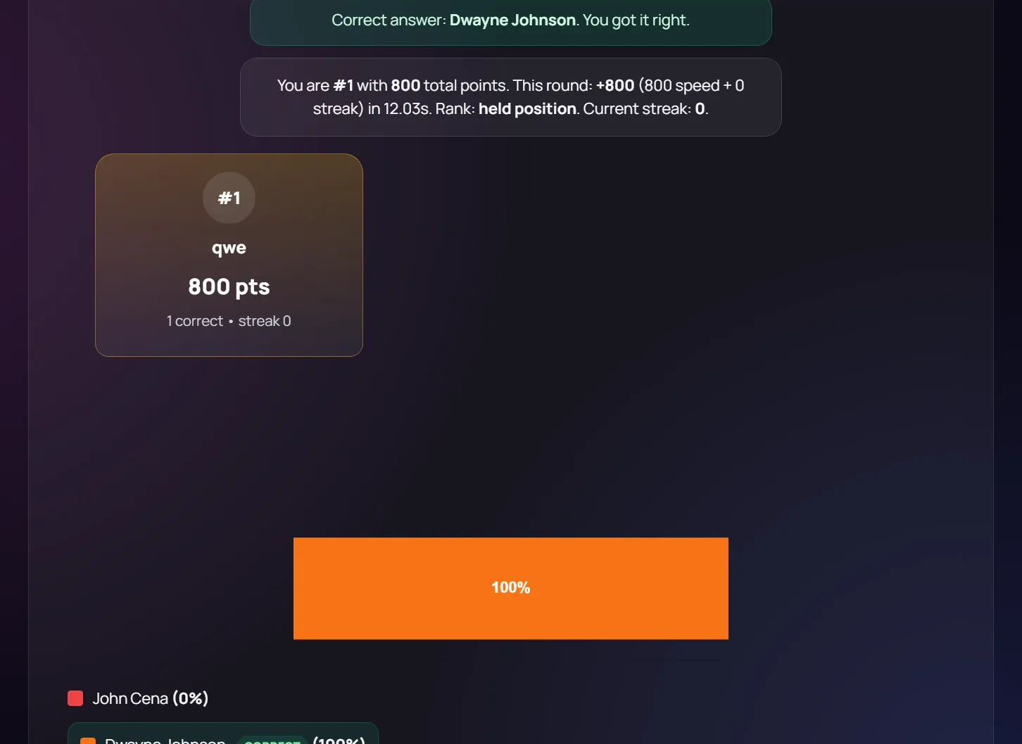 SparkQuiz player result view