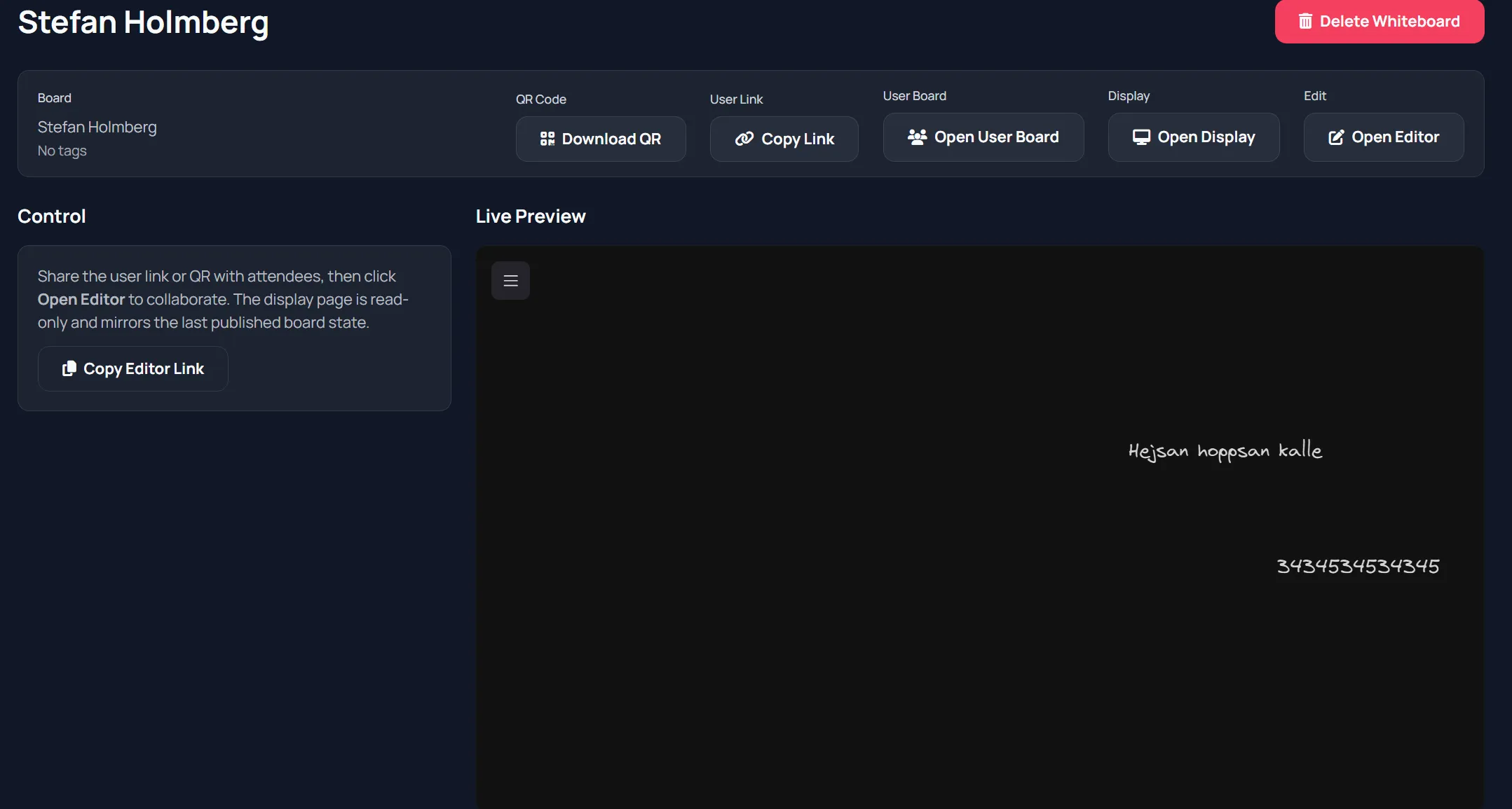 Whiteboard admin control page